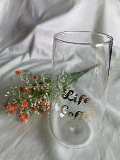 (พร้อมส่ง) แก้วน้ำ แก้วใสลาย Life coffe (ทอง) ทรงฟูจิ