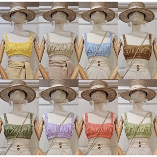 (สีม่วง)เสื้อครอปสายเดี่ยวผ้าลินิน งานเย็บจับย่นทั้งตัวความยาวกำลังสวย ด้านหลังเป็นสม๊อกยืดได้เยอะค่ะ