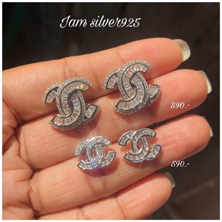 💫iam silver925 ต่างหูCCเรือนเงินแท้ชุบทองคำขาวประดับเพชรเกรดพรีเมี่ยม วาวสะดุดตา