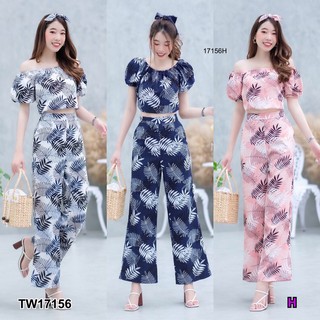 PP17156 set 3 ชิ้น เสื้อเอวจั้มลายใบไม้ + โบว์ผูกผม+ กางเกงขายาว