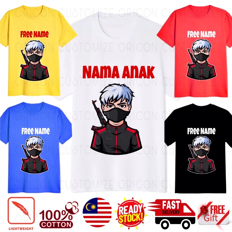 ฟรี FIRE Baju budak Lelaki Tshirt unisex gamer ทีม nama Garena arena e-sport เสื้อยืดโลโก้พิมพ์ชื่อ 