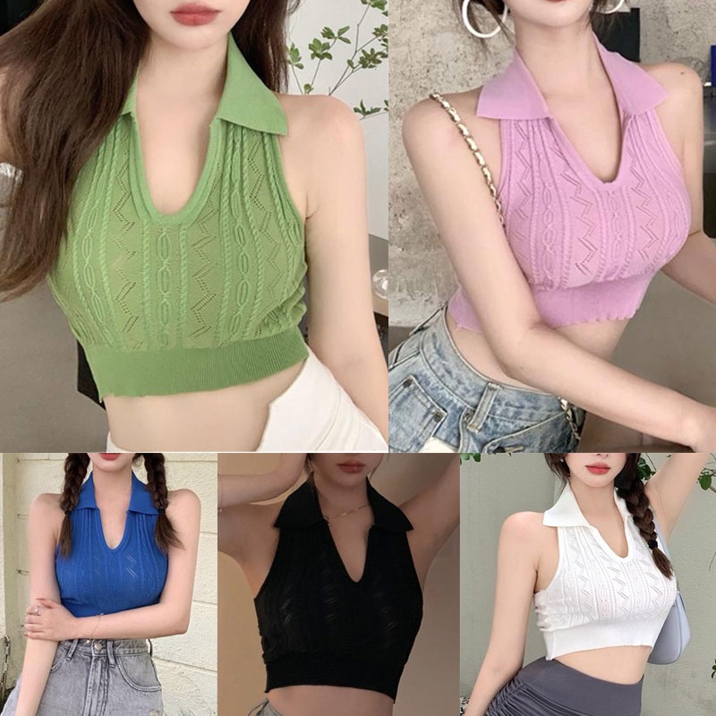 anna 9721 เสื้อครอป เสื้อโชว์หลัง เสื้อแขนกุด งานไหมพรมถัดลายในตัว คอปก