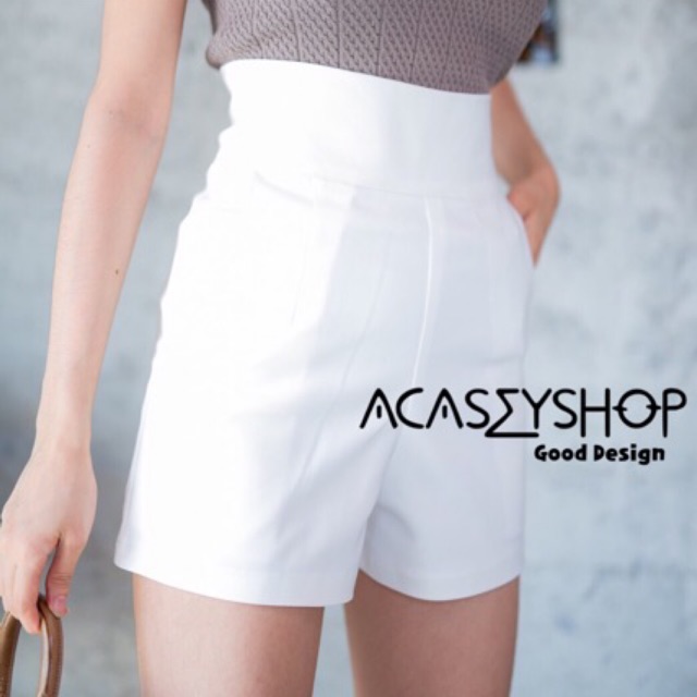 Acasey กางเกงขาสั้นผู้หญิง ขอบตรงเอวสูงมากก ขอบใหญ่ มีกระเป๋าข้าง New