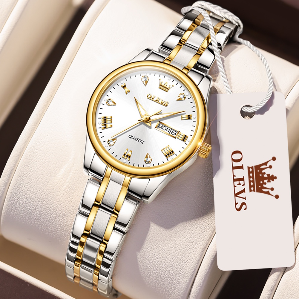 OLEVS นาฬิกาข้อมือผู้หญิง กันน้ำ สายสเตนเลส สีขาว สีดำ ทอง เงิน #8