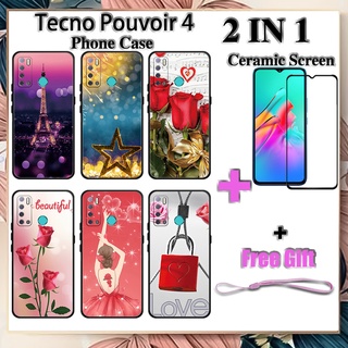 2 IN 1 Tecno Pouvoir 4 เคสโทรศัพท์ พร้อมกระจกนิรภัย เซรามิค ป้องกันหน้าจอ โค้ง ฟิล์มนิรภัย โรแมนติก