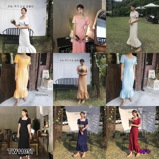 J11057 Dress เดรส คอเหลี่ยม โบว์หลัง