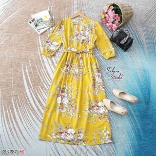 CL2787 (H)👉เช็คสินค้าก่อนสั่งคะ👈Maxi Dress เดรสยาว อกไขว้ด้านหน้า แขนยาวปลายแขนจั๊ม มีโบว์ผูกเอวงานผ้าไหมอิตาลี100D