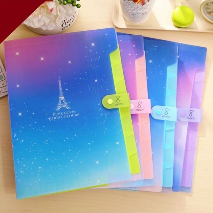 Wengu A4 ขยายโฟลเดอร์แฟ้มคลิปหีบเพลง/โฟลเดอร์เอกสาร 8 กระเป๋า 巴Paris星空