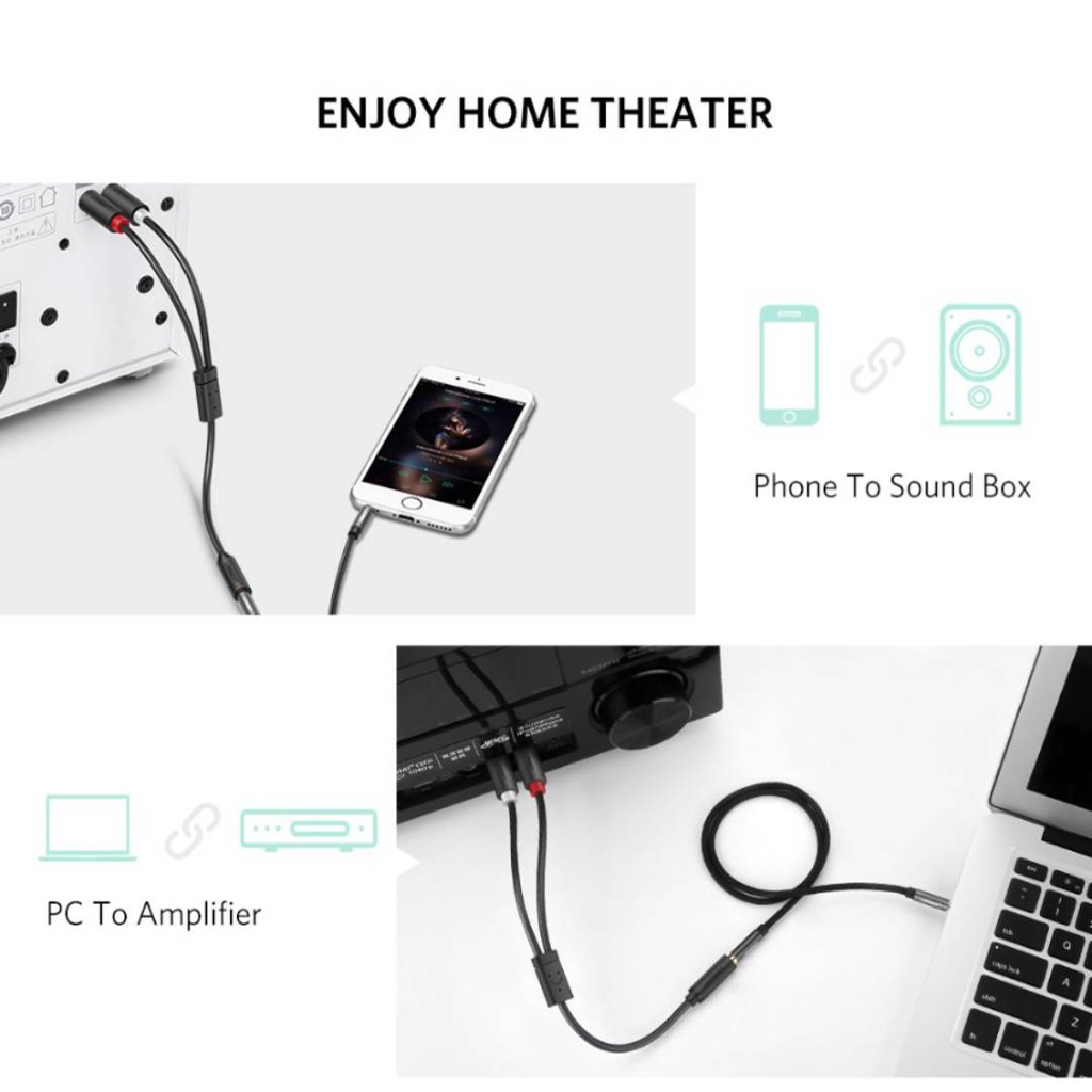 UGREEN รุ่น 10561 สายเคเบิ้ล 2RCA Male to Aux 3.5mm Female ความยาว 25cm สำหรับเครื่องเสียง โฮมเธียเตอร์ เฮดโฟน