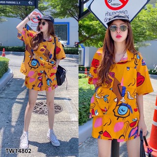 TW14802 Set 2 ชิ้น เสื้อคอปกเชิ้ตกระดุมหน้า แขนสั้น มาพร้อมกางเกงขาสั้น เอวยางยืดเส้นใหญ่ มีกระเป๋าล้วงข้าง ผ้าฝ้ายลินิน