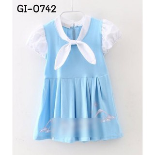 เดรสเด็กผู้หญิง สีฟ้า แขนสั้น แต่งคอซอง กระโปรงจับจีบ GI0742