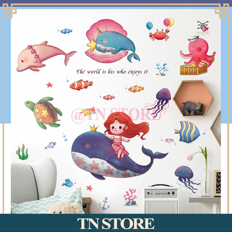 รูปลอกติดผนังสําหรับตู้ภาพการ์ตูนสาวน้อยขี่ปลาวาฬสําหรับเด็กน่ารัก TN Strore DECAL888