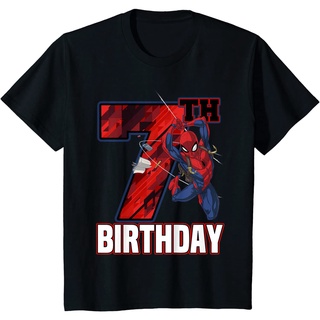 ผ้าฝ้ายแท้ คอลูกเรือเสื้อยืด ผ้าฝ้ายแท้ ระบายอากาศได้ดี พิมพ์ลาย Marvel Spider-Man Web Swing 7th Birthday คุณภาพสูงS,4XL