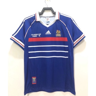 เสื้อกีฬาแขนสั้น ลายทีมชาติฟุตบอล France Home World Cup 1998 ชุดเหย้า สไตล์เรโทร คุณภาพดี สําหรับผู้ชาย