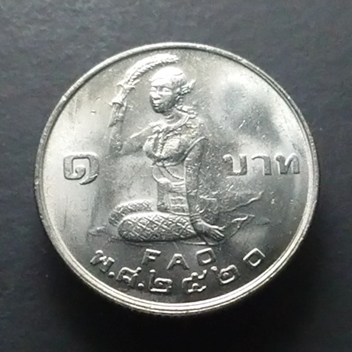 เหรียญ 1 บาท(นิกเกิล) เหรียญวาระ เหรียญที่ระลึก องค์การอาหาร FAO. (โปรยข้าว) ปี 2520 ไม่ผ่านใช้
