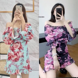 MM15023 เดรสปาดไหล่แขนศอกลายดอก	Floral print off shoulder elbow sleeves dress