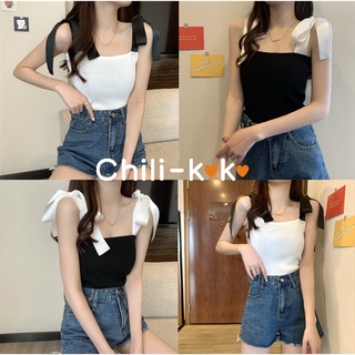 Chili_k❤️k❤️ 🌟พร้อมส่ง🌟เสื้อสายเดี่ยวแบบผูกโบว์ตรงไหล่🍓ร้านโว๊ก(98038)