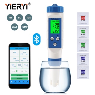 YIERYI Bluetooth Digital PH Meter, 5 in 1 Salinity/TDS/EC/PH/Temp Tester with ATC, เครื่องทดสอบความเค็มความแม่นยำสูงสำหรับ Hydroponics, น้ำทะเล, พิพิธภัณฑ์สัตว์น้ำ, การตรวจสอบทางทะเลและบ่อปลา Koi