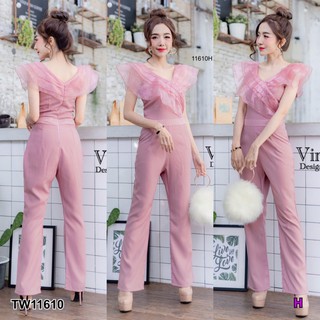 👗Pfashion [ส่งไว!!🚛] P11610 จั๊มสูทยาวอกแต่งระบายผ้าแก้ว LONG JUMPSUIT WITH RUFFLED GLASS TRIMS.