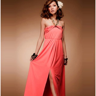 ชุดเดรสยาว แต่งห่วงโซ่คล้องคอ maxi dress สีส้มอมแดง dress e699