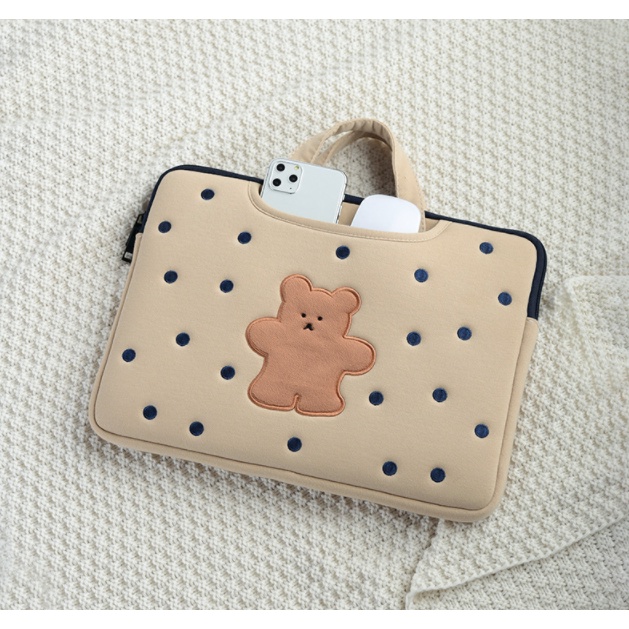 กระเป๋าใส่แล็ปท็อป อเนกประสงค์ กันกระแทก ปักลายหมีน่ารัก สไตล์เกาหลี 13.3 14.1 15.4 15.6 16.1 นิ้ว