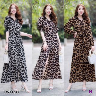 MF11347🍓 Maxi Dress เดรสยาวปกเชิ้ต ติดกระดุมหน้า แขนยาว เนื้อผ้าหางกระรอกลายเสือ มีโบว์ผูกเอว