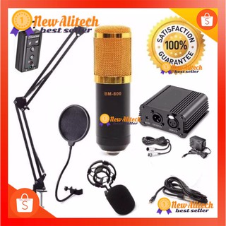 New Alitech BM-800 Condensor Microphone ไมค์โครโฟนอัดเสียง ไมค์อัดเสียง SET+7.1 Sound Card USB+Phantom 48V