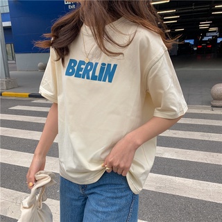 🌟พร้อมส่ง🌟 เสื้อยืดสไตล์เกาหลี Oversize สกรีน BERLIN ผ้ายืด สีครีม