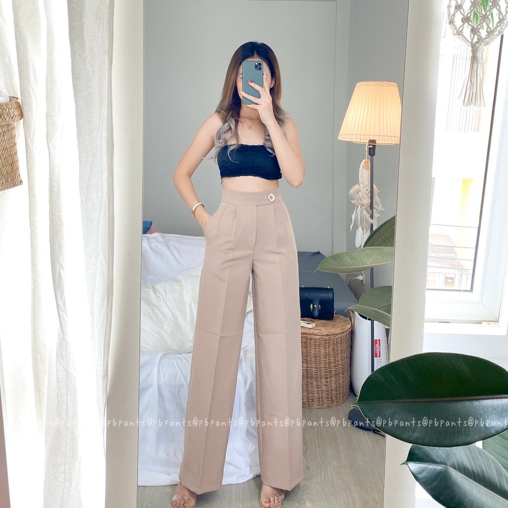 Pbpants กางเกงขาบานผ้าเปเป้แต่งกระดุมหน้า