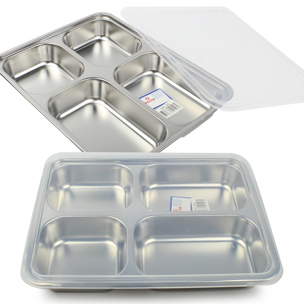 ถาดใส่อาหาร ถาดหลุม 5 ช่อง  มีฝาปิด ทรงสี่เหลี่ยม รุ่น Food-Stainless-Steel-5holes-Tray-05h-TC