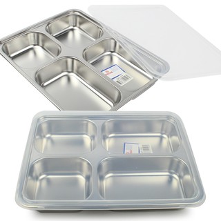   ถาดใส่อาหาร ถาดหลุม มีฝาปิด ขนาดใหญ่ รุ่น Stainless-Steel-Big-Food-tray-4holes-with-Plastic-Cover-00A-June-Bea