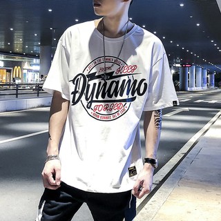 HSS เสื้อยืดคอกลมแขนสั้น oversized เสื้อยืดผู้ชายสกรีนลายDAINAMO สีขาว