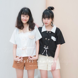 🎀Pang🎀 เสื้อทูโทน คอปกเชิ๊ต มีเชือกผูกเอว กระดุมใช้งานได้จริง (No.042)