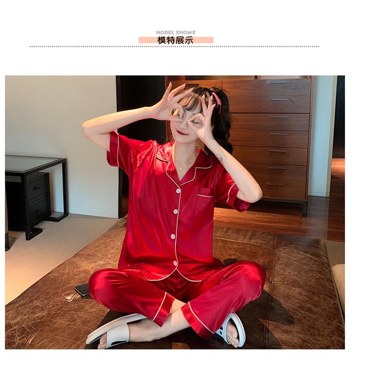 ชุดนอนผ้าซาตินแขนสั้นขายาว ชุดนอนผู้หญิง ผ้าลื่น ซาตินใส่สบายไม่คัน - รูปที่ 7