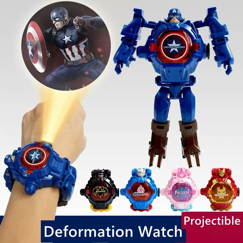 < Available > Marvel Avengers Children Deformation Watches 3D Projection Spider Man กัปตันอเมริการุ่นนาฬิกาอิเล็กทรอนิกส์ของเล่นของขวัญ