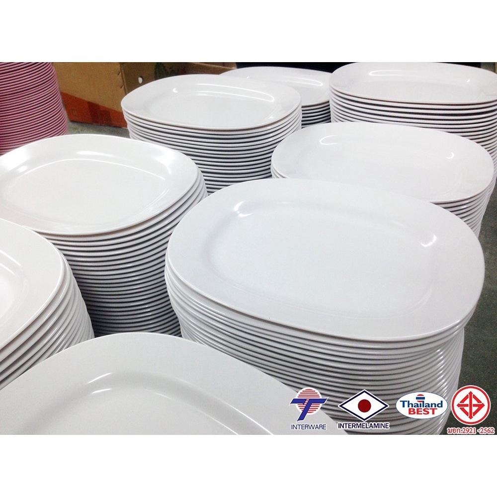จานเปลเหลี่ยม (1ใบ) เมลามีน 10 นิ้ว สำหรับใส่ข้าวผัด อ่อส่วน  (Intermelamine) สีขาว สีฟ้า