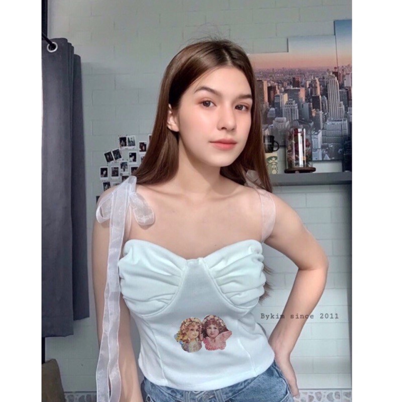 เสื้อครอปสายเดี่ยวริบบิ้นผูกไหล่Angel ลายผีเสื้อ แบรนด์BYKIM