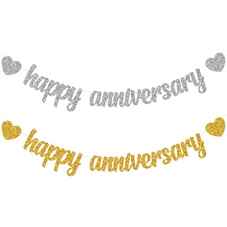 Happy Anniversary แบนเนอร์ธงแบนเนอร์รูปหัวใจสีทองสําหรับตกแต่งงานปาร์ตี้