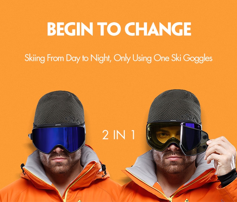 COPOZZ Ski Goggles 2 in 1 with DualUse Lens for Night Skiing