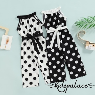 BbQ-Children Girl Jumpsuit, Sleeveless Dot Printed Pattern Elastic Waist Tie Up Bow Decor Halter Neck One Piece