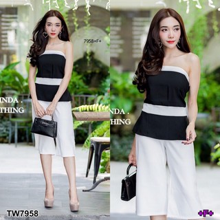 CS7958 Set 2 ชิ้น เสื้อเกาะอกทูโทน+กางเกง 5 ส่วน