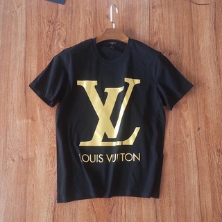 [S-5XL]เสื้อยืดคอกลม แขนสั้น ผ้าฝ้าย พิมพ์ลาย Lv และเครื่องหมายการค้า สีบรอนซ์ สําหรับผู้ชาย และผู้หญิง