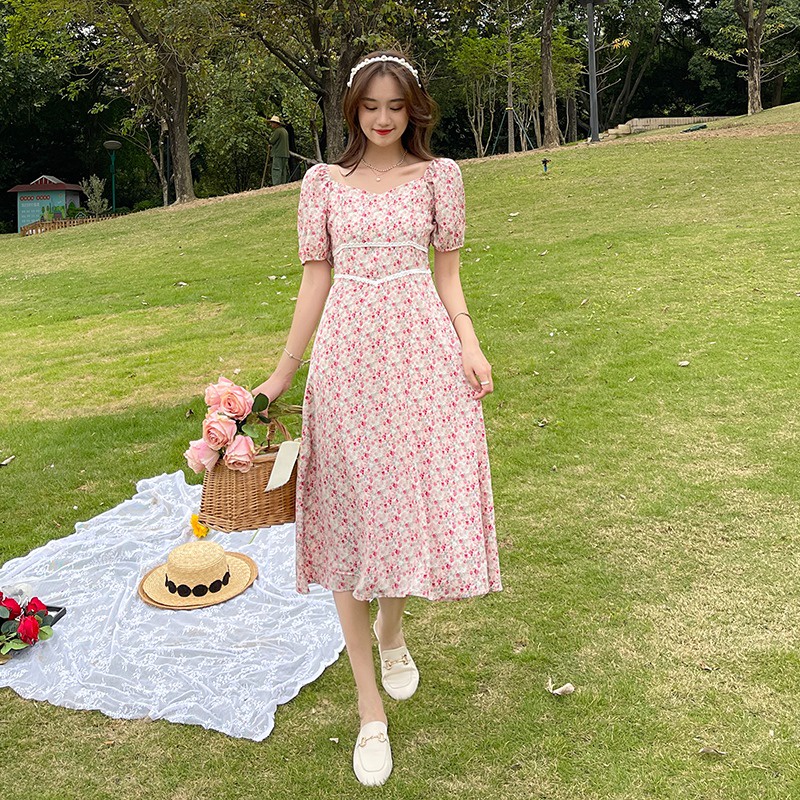 Foya พร้อมส่ง ชุดเดรสทรงเอ ลายดอก คอกว้าง คลุมเข่า สไตล์เกาหลี