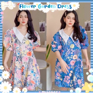 Flower Garden Dress พร้อมส่ง เดรสคอบัวลายดอกไม้ โทนสีขาวและสีน้ำเงิน แขนสั้นพอง สีสวยลายชัด น่ารักมาก ฟรุ้งฟริ้ง งานป้าย