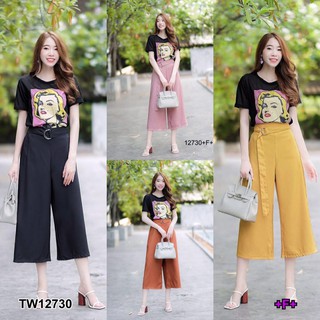 CS12730  Set 2 ชิ้น เสื้อยืดแขนสั้นหน้าผู้หญิง + กางเกง 4 ส่วน + เข็มขัด