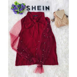 Shein💋💋เสื้อทำงานแขนซีทรูตอกมุก🚗🌈💕 ส่งฟรี🥰