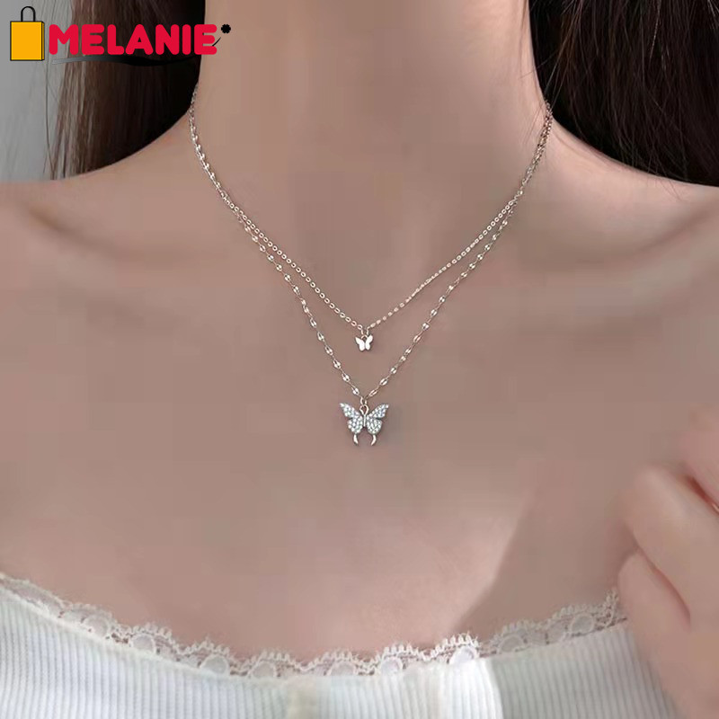 เครื่องประดับสร้อยคอโซ่ทองสีเงินจี้คลื่นน้ําสไตล์เกาหลีดับเบิลผีเสื้อ