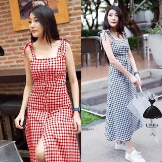 9188Maxi Dress แม็กซี่เดรสผูกไหล่ลายสก็อต เนื้อผ้าทออย่างดี ติดกระดุมด้านหน้า ทรงน่ารักใส่ได้บ่อยๆคะ