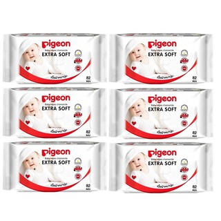 ✆❅✸Pigeon Baby wipes chamomile พีเจนท์ เบบี้ไวพส์ สูตรคาโมมายล์ 82 ชิ้น (เซต 6 ห่อ)