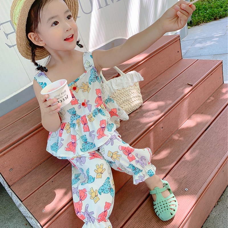 nana พร้อมส่ง ชุดเซตเสื้อเด็กผู้หญิง เสื้อเด็กผู้หญิงแขนกุดกางเกงขายาว ลายหมี219986
